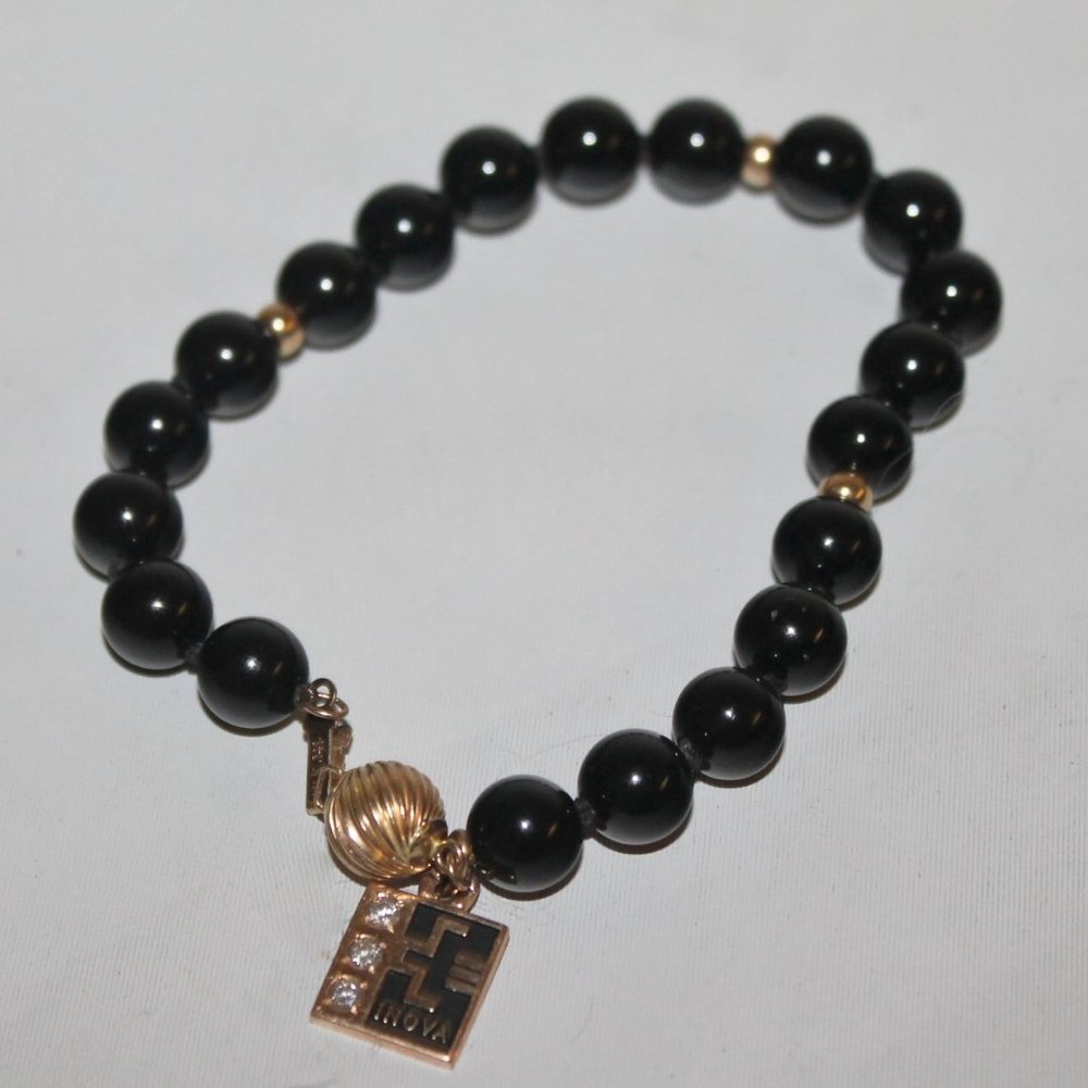 Onyx 14K Gold Spiritual Beads  Bracelet w Charm Pendant w Genuine Diamonds